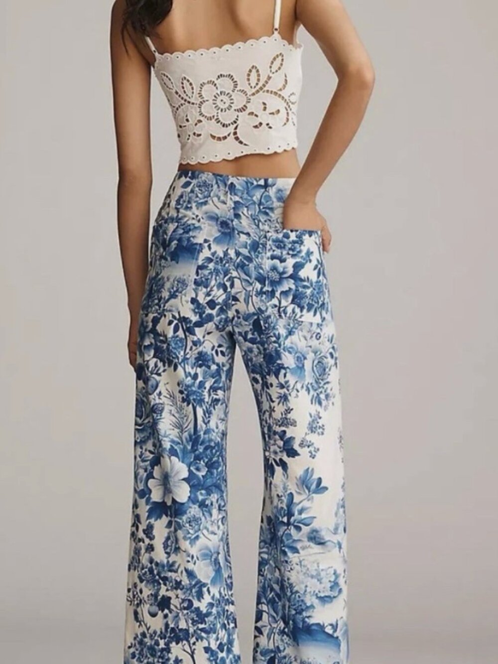Maeve Colette Linen Blend High-Rise Wide-Leg Cropped Pants Blue Floral Flowers - Picture 2 of 10
